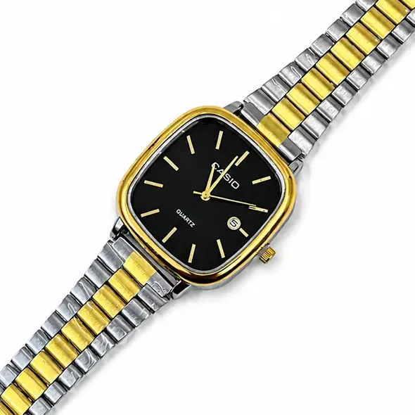 ساعت مچي مردانه كاسيو CASIO اولدماني سفيدطلايي صفحه مشكي